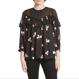NWT Kate Spade Black Floral Glitzy Ritzy Dusk Buds Ruffle Top Size XXS